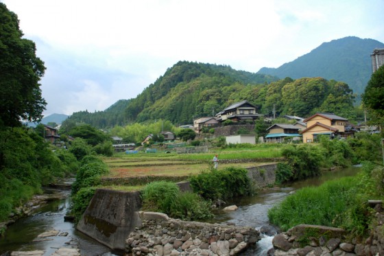 棚田の水路が合流した小川は、麓の集落でさらに大きな流れになる。