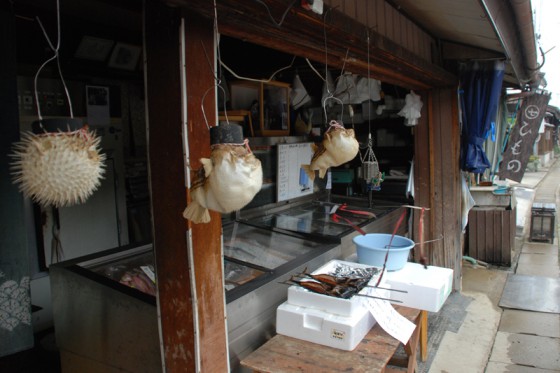 北町の魚屋には新鮮な魚貝が並べられていた。