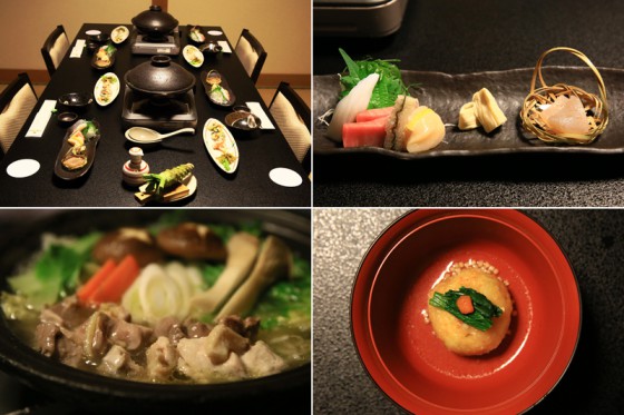 お楽しみの料理は手の込んだ懐石と駿河軍鶏の鍋。