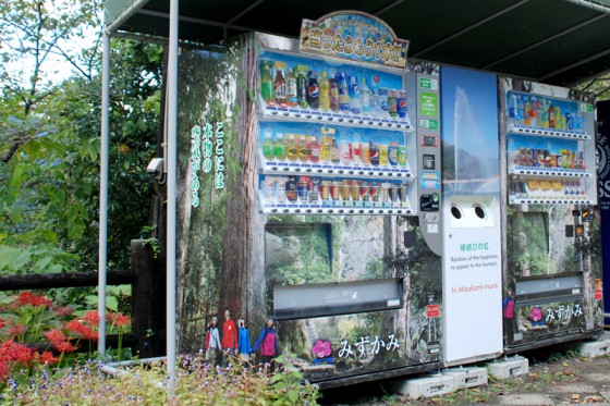 自動販売機に市房大杉のラッピングが施してある。