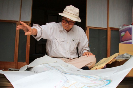 地域住民から聞取り調査したダム建設以前の球磨川の様子を記した手描きの地図を見せていただいた。