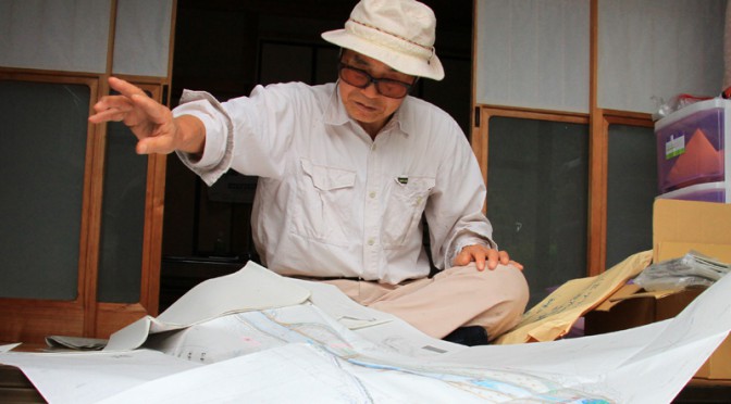 地域住民から聞取り調査したダム建設以前の球磨川の様子を記した手描きの地図を見せていただいた。